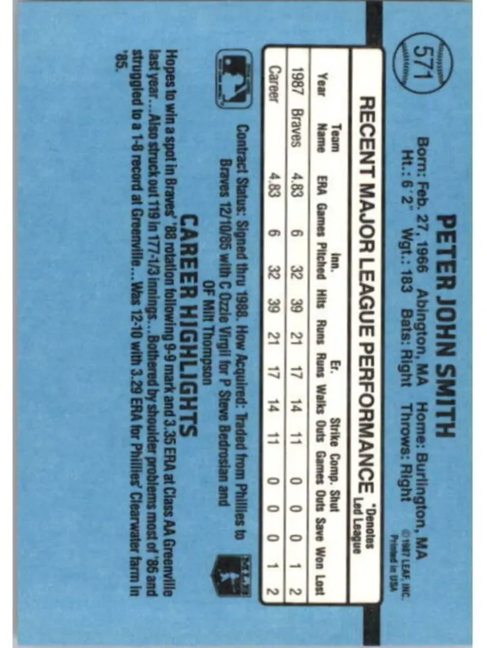 1988 Pete Smith Donruss Baseball Card #571